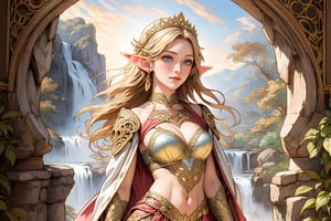 A warm golden glow illuminates the enchanted forest, casting a gentle ambiance on the cute, young blonde-haired elf woman. She is standing, her light sky-blue eyes scanning the surroundings with quiet determination. She has long free hair and the fringe part at the right side of her face. She wears a light-weight leather armor, adorned with intricate details and filigree decorations that reflect her high social status. Her body is slightly musculated, and she poses in contrapposto. Far in the background, we might see a high waterfall. Long shot so she can be seen from head to toe,renaissance,MUGODDESS