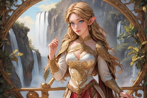 A warm golden glow illuminates the enchanted forest, casting a gentle ambiance on the cute, young blonde-haired elf woman. She is standing, her light sky-blue eyes scanning the surroundings with quiet determination. She has long free hair and the fringe part at the right side of her face. She wears a light-weight leather armor, adorned with intricate details and filigree decorations that reflect her high social status. Her body is slightly musculated, and she poses in contrapposto. Far in the background, we might see a high waterfall. Long shot so she can be seen from head to toe,renaissance,MUGODDESS