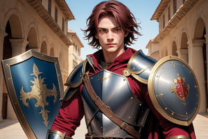 Strong, human man with short dark red hair in plate armor, with a sword, and a shield,renaissance,MUGODDESS