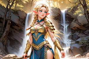 A warm golden glow illuminates the enchanted forest, casting a gentle ambiance on the cute, young blonde-haired elf woman. She is standing, her light sky-blue eyes scanning the surroundings with quiet determination. She has long free hair, with two braids that are tied together at the back of her head, and the fringe falls to the right side of her face. She wears a light-weight leather armor, adorned with intricate details and filigree decorations that reflect her high social status. Her body is slightly musculated, and she poses in contrapposto. Far in the background, we might see a high waterfall. Long shot,renaissance,MUGODDESS