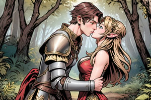 Full body shot. Show a young, cute, blonde, blue-eyed, elf woman in leather armor and a red-dark-haired, tall, strong, handsome, greyish-green-eyed human male in plate armor. The man is more passionate and is sweetly kissing the woman, who a more shy. They are in the forest and the man is taller than the woman. Both are characters from the game Lineage II.