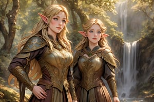 A warm golden glow illuminates the enchanted forest, casting a gentle ambiance on the cute, young blonde-haired elf woman. She is standing, her light sky-blue eyes scanning the surroundings with quiet determination. She has long free hair and the fringe part at the right side of her face. She wears a light-weight leather armor, adorned with intricate details and filigree decorations that reflect her high social status. Her body is slightly musculated, and she poses in contrapposto. Far in the background, we might see a high waterfall. Long shot so she can be seen from head to toe,renaissance,MUGODDESS