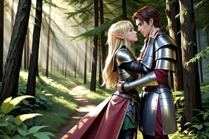 Full body shot. Show a young, cute, blonde, blue-eyed, elf woman in leather armor and a red-dark-haired, tall, strong, handsome, greyish-green-eyed human male in plate armor. Both are characters from the game Lineage II. They are kissing each other in a lovely forest.