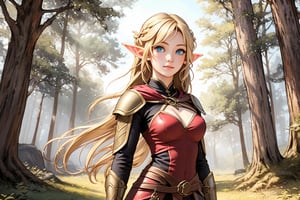 Show a young, cute elf woman, with blonde hair and blue eyes, alone in an enchanted forest. She has a regular body type, slightly fit but agile and elegant. She has medium-long hair with a braid parting from each side of her head and joining in the back, and her bangs to the side. She is an archer and wears a leather armor. Full body shot,MUGODDESS