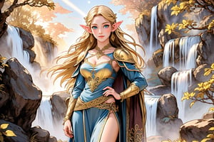 A warm golden glow illuminates the enchanted forest, casting a gentle ambiance on the cute, young blonde-haired elf woman. She is standing, her light sky-blue eyes scanning the surroundings with quiet determination. She has long free hair and the fringe part at the right side of her face. She wears a light-weight leather armor, adorned with intricate details and filigree decorations that reflect her high social status. Her body is slightly musculated, and she poses in contrapposto. Far in the background, we might see a high waterfall. Long shot so she can be seen from head to toe,renaissance,MUGODDESS