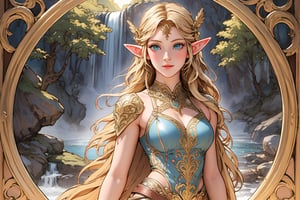 A warm golden glow illuminates the enchanted forest, casting a gentle ambiance on the cute, young blonde-haired elf woman. She is standing, her light sky-blue eyes scanning the surroundings with quiet determination. She has long free hair and the fringe part at the right side of her face. She wears a light-weight leather armor, adorned with intricate details and filigree decorations that reflect her high social status. Her body is slightly musculated, and she poses in contrapposto. Far in the background, we might see a high waterfall. Long shot,renaissance,MUGODDESS