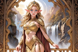 A warm golden glow illuminates the enchanted forest, casting a gentle ambiance on the cute, young blonde-haired elf woman. She is standing, her light sky-blue eyes scanning the surroundings with quiet determination. She has long free hair and the fringe part at the right side of her face. She wears a light-weight leather armor, adorned with intricate details and filigree decorations that reflect her high social status. Her body is slightly musculated, and she poses in contrapposto. Far in the background, we might see a high waterfall. She is far from the camera,renaissance,MUGODDESS