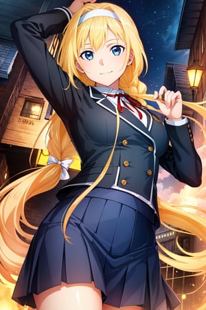 //Quality,
masterpiece, best quality, ultra detailed, high-resolution, 8k, detailed beautiful face and eyes, (perfect anatomy),beautiful face, (game cg:1.1)
,//Character,
1girl, solo, long hair,very long hair,braided ponytail,alice zuberg,blue eyes,blonde hair,hairband,white hairband, braid,bangs,floating hair,ribbon,white ribbon,hair bow,shiny hair, shiny skin, (beautiful detailed eyes:1.2), extremely detailed face, (medium breasts:1.1), perfect hands, 
,//Fashion, 
skirt, shirt, long sleeves, ribbon, school uniform, jacket, white shirt, red ribbon, black jacket, closed jacket, neck ribbon
,//Background, 
outdoor 
,//View, 
from below 
,//Face, smile 
,//Others, 
running