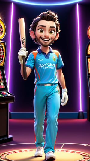high-resolution 3D animated batsman with short, styled dark hair, a laughing expression, large expressive eyes, wearing a cricket uniform, standing in a relaxed pose with a cricket bat, set inside a casino pit with neon lights, capturing the character's relaxed and joyful demeanor. he have a beard