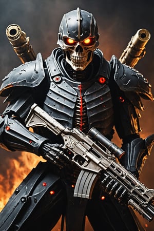 A skeletal warrior in heavy armor holds a machine gun, red eye,
military armor,