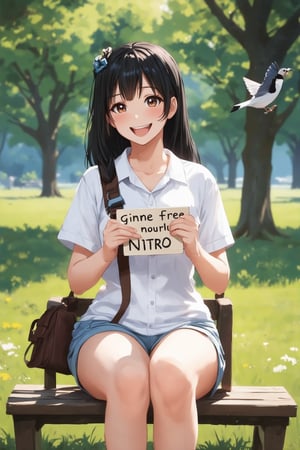 (best quality, 4K, 8K, high-res, masterpiece:1.2), ultra-detailed,
Person: 1girl, solo, long hair, 
black hair, (Beautiful girly body proportions),(smaller body frame),
Clothing; white shirt, brown eyes, white shirt, short sleeves, shorts, 
Accecories : sling bag, lips, 
Expression : big smile, grin
Position : looking at viewer, sitting on chair, 
cute anime girl holding a sign that says 'Gimme Free Nitro', anime style, colorful and expressive, dynamic pose, high detail, high resolution,
Setting : park, sitting on a bench, birds, 
Art: crayon, natural lights, bokeh