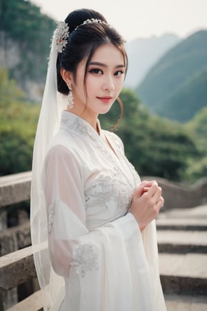 1girl, solo, beautiful asian looking girl, looking at viewer, smile, long black hair, ((white long sleeves)), ((white dress)), jewelry, ((hair bun)), wedding veil, beutiful hairpin, standing, torso shot, earrings, outdoors, wide sleeves, chinese clothes, veil, stairs, hanfu, intricate details, highly detailed, expressiveh, emotionless, realistic, 
