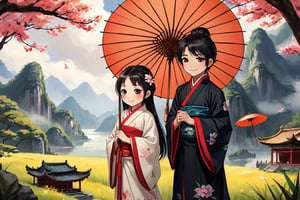 A young girl with sleek black hair and a bright smile gazes out at the scene, her traditional Chinese robes flowing behind her. By her side stands a boy with striking black eyes, his chibi features radiating innocence. Together they hold an oil-paper umbrella, its intricately painted design a testament to their whimsical nature. Hands entwined in opposite sleeves, they share a playful moment beneath the cloudy sky.