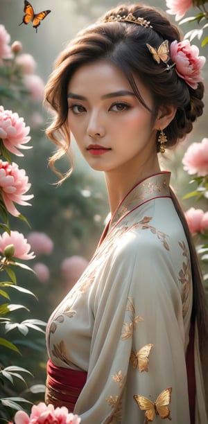 In a cinematic frame, a stunning girl in hanfu attire stands amidst a breathtaking peony garden, where delicate petals dance in the soft, ethereal light. A butterfly flutters nearby, its iridescent wings glimmering with intricate details. The fusion of Art Nouveau and Gongbi painting styles is exemplified through the gold, white, and red hues that blend harmoniously. The subject's gaze meets the camera's, her fair skin glowing with a subtle sheen. Her beautiful face, adorned with detailed decoration and lines, appears as a masterpiece against the vibrant backdrop, bathed in gorgeous light and shadow. Unreal Engine-like quality shines through in this UHD/HDR composition.,More Reasonable Details