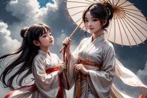 A young girl with sleek black hair and a bright smile gazes out at the scene, her traditional white Chinese robes flowing behind her. By her side stands a boy with striking black eyes, his chibi features radiating innocence. Behind her traditional bun, there is a silky woven fabric dangling blown by the wind. the woman hold an oil-paper umbrella elegantly, its intricately painted design a testament to their whimsical nature. Hands entwined in opposite sleeves, they share a playful moment beneath the cloudy sky.