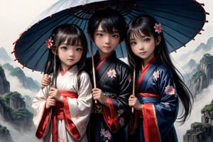 A young girl with sleek black hair and a bright smile gazes out at the scene, her traditional Chinese robes flowing behind her. By her side stands a boy with striking black eyes, his chibi features radiating innocence. Together they hold an oil-paper umbrella, its intricately painted design a testament to their whimsical nature. Hands entwined in opposite sleeves, they share a playful moment beneath the cloudy sky.,DonMM1y4XL,DonM3lv3nM4g1cXL