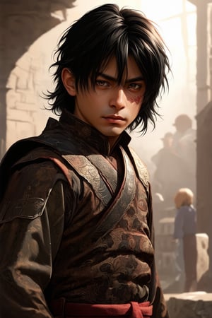 solo, long hair, black hair, 1boy, standing, male focus, realistic, chinese_clothes, oriental, ancient times, wide sleeves, warrior, ((face scar)), proportional body, 


