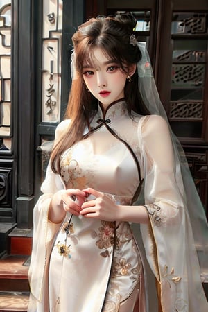 1girl, solo, beautiful asian looking girl, looking at viewer, smile, long black hair, ((white long sleeves)), ((white dress)), jewelry, ((hair bun)), flowing long hair, wedding veil, beautiful chinese ornament hairpin, standing, torso shot, earrings, outdoors, wide sleeves, chinese clothes, veil, stairs, hanfu, intricate details, highly detailed, expressiveh, emotionless, realistic, ,cutepet,JeeSoo ,Extremely Realistic,chinese dress