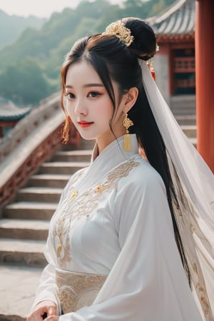1girl, solo, beautiful asian looking girl, looking at viewer, smile, long black hair, ((white long sleeves)), ((white dress)), jewelry, ((hair bun)), flowing long hair, wedding veil, beautiful chinese ornament hairpin, standing, torso shot, earrings, outdoors, wide sleeves, chinese clothes, veil, stairs, hanfu, intricate details, highly detailed, expressiveh, emotionless, realistic, 