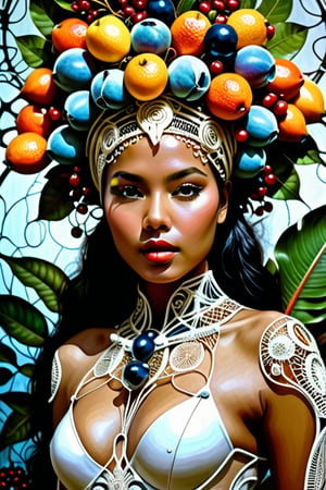 hyper detailed surrealistic color photo of beautiful {indonesian young woman}, head fully covered with tropical fruits, berries, leafs, cotton balls, batik, steampunk ornaments, fine foliage engraved, hyper detailed rough texture, sinuous roots, hyper detailed dendritic fractals, cybernetic wires, anatomical, rim light, back light, volumetric, 64K, hr giger style, by donatello,SD 1.5