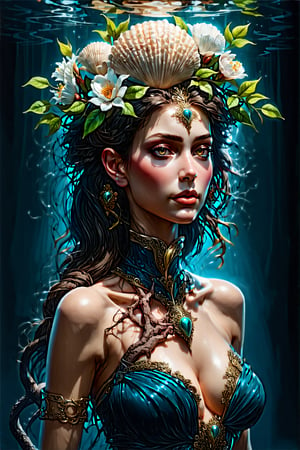 hyper detailed surrealistic color photo of gorgeous {indonesian young princess}, head fully covered with sea shells, aquatic flowers, tropical vines, cables, cybernetic ornaments, fine foliage engraved, hyper detailed rough texture, sinuous roots, hyper detailed dendritic fractals, greenish scales, anatomical, split lighting, back light, volumetric, hr giger style, by donatello,Extremely Realistic