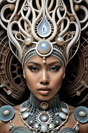 hyper detailed surrealistic color photo of beautiful {indonesian young woman}, head fully covered with ancient seashells, squids, ancient roots, batik, steampunk ornaments, fine foliage engraved, hyper detailed rough texture, sinuous roots, hyper detailed dendritic fractals, cybernetic wires, anatomical, rim light, back light, volumetric, 64K, hr giger style, by donatello