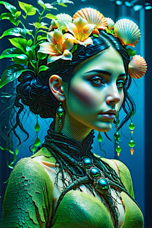 hyper detailed surrealistic color photo of gorgeous {indonesian young princess}, head fully covered with sea shells, aquatic flowers, tropical vines, cables, cybernetic ornaments, fine foliage engraved, hyper detailed rough texture, sinuous roots, hyper detailed dendritic fractals, greenish scales, anatomical, split lighting, back light, volumetric, hr giger style, by donatello,Extremely Realistic