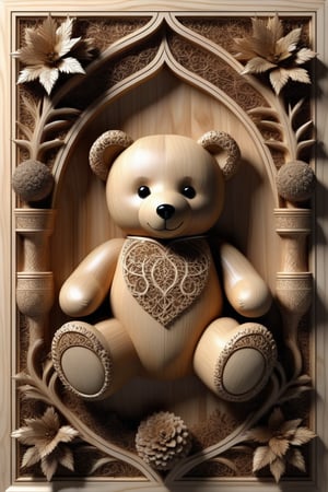 hyper detailed complex 3d render of ultra realistic {teddy bear} on gothic {white pine} panel, hyper detailed rough texture, visible seams, arabic typography engraved, fine foliage engraved, intricate filigree details, mandelbrot fractals background, volumetric light, hr giger style, by donatello, 64K