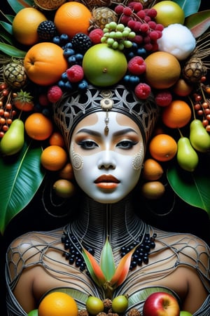 hyper detailed surrealistic color photo of beautiful {indonesian young woman}, head fully covered with tropical fruits, berries, leafs, cotton balls, batik, steampunk ornaments, fine foliage engraved, hyper detailed rough texture, sinuous roots, hyper detailed dendritic fractals, cybernetic wires, anatomical, rim light, back light, volumetric, 64K, hr giger style, by donatello