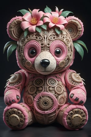 hyper-detailed ultra-complex 3d render of {bear plush toy}, head covered with tropical flowers, ancient roots, cybernetic ornaments, hyper detailed rough texture, intricate filigree details, hyper-detailed dendritic fractals, cable wires, low key lighting, pink palette colors, hr giger style