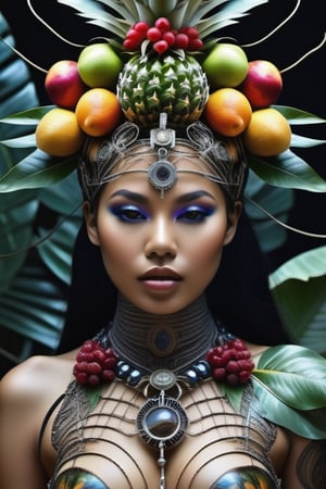 hyper detailed surrealistic color photo of beautiful {indonesian young woman}, head fully covered with tropical fruits, berries, leafs, cotton balls, batik, steampunk ornaments, fine foliage engraved, hyper detailed rough texture, sinuous roots, hyper detailed dendritic fractals, cybernetic wires, anatomical, rim light, back light, volumetric, 64K, hr giger style, by donatello,SD 1.5