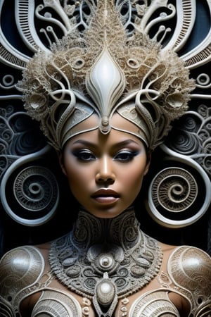 hyper detailed surrealistic color photo of beautiful {indonesian young woman}, head fully covered with ancient seashells, squids, ancient roots, batik, steampunk ornaments, fine foliage engraved, hyper detailed rough texture, sinuous roots, hyper detailed dendritic fractals, cybernetic wires, anatomical, rim light, back light, volumetric, 64K, hr giger style, by donatello