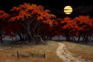 masterpiece, best quality, official art, extremely detailed CG unity 8k wallpaper, absurdres, 8k resolution, a dirt path through autumn maple woods, pale colored grass, field with wooden fence, (night), ((yellow harvest moon)), (dark), 

FANTASY,OIL,PAINTING, IN, THE,IN,STYLE,IN,OF FR4Z3TT4,