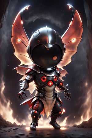 chibi, full body, cyborg ladybug, half body image,(Action Pose: 1.4), ((horror )), king of hell, highly detailed clothes, ((in dark hell)), large devil's wings , big body, ray tracing, with eerie white light penetrating and gradient shadows , (magic mysterious background, glowing particles, ethereal fog, faint darkness), hyper realistic cover photo awesome full color,chibi style,3d style,cyborg style