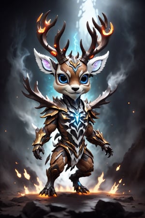 chibi, full body, cyborg deer, half body image,(Action Pose: 1.4), ((horror )), king of hell, highly detailed clothes, ((in dark hell)), large devil's wings , big body, ray tracing, with eerie white light penetrating and gradient shadows , (magic mysterious background, glowing particles, ethereal fog, faint darkness), hyper realistic cover photo awesome full color,chibi style,3d style,cyborg style