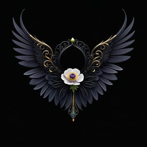 a anemone flower whit wing majestic with clasic ornament Mechanical lines Elegance T-shirt design, BLACK BACKGROUND