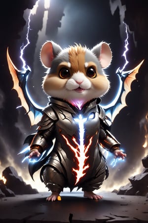 chibi, full body, cyborg hamster animal, half body image,(Action Pose: 1.4), ((horror )), king of hell, highly detailed clothes, ((in dark hell)), large devil's wings , big body, ray tracing, with eerie white light penetrating and gradient shadows , (magic mysterious background, glowing particles, ethereal fog, faint darkness), hyper realistic cover photo awesome full color,chibi style,3d style,cyborg style