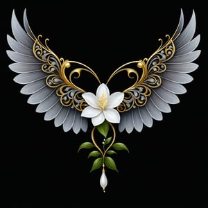a jasmine flower whit wing majestic with clasic ornament Mechanical lines Elegance T-shirt design, BLACK BACKGROUND