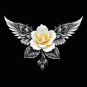 a gardenia flower whit wing majestic with clasic ornament Mechanical lines Elegance T-shirt design, BLACK BACKGROUND