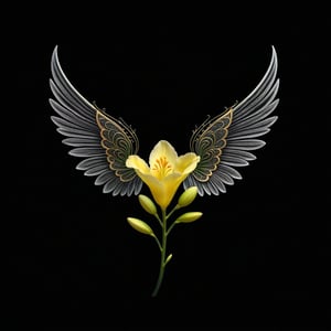 a freesia  flower whit wing majestic with clasic ornament Mechanical lines Elegance T-shirt design, BLACK BACKGROUND