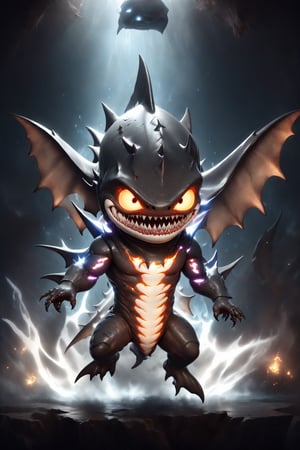 chibi, full body, cyborg shark, half body image,(Action Pose: 1.4), ((horror )), king of hell, highly detailed clothes, ((in dark hell)), large devil's wings , big body, ray tracing, with eerie white light penetrating and gradient shadows , (magic mysterious background, glowing particles, ethereal fog, faint darkness), hyper realistic cover photo awesome full color,chibi style,3d style,cyborg style