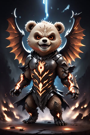 chibi, full body, cyborg bear, half body image,(Action Pose: 1.4), ((horror )), king of hell, highly detailed clothes, ((in dark hell)), large devil's wings , big body, ray tracing, with eerie white light penetrating and gradient shadows , (magic mysterious background, glowing particles, ethereal fog, faint darkness), hyper realistic cover photo awesome full color,chibi style,3d style,cyborg style