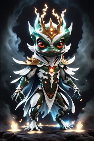 chibi, full body, cyborg frog half body image,(Action Pose: 1.4), ((horror )), king of hell, highly detailed clothes, ((in dark hell)), large devil's wings , big body, ray tracing, with eerie white light penetrating and gradient shadows , (magic mysterious background, glowing particles, ethereal fog, faint darkness), hyper realistic cover photo awesome full color,chibi style,3d style,cyborg style