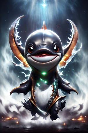 chibi, full body, cyborg whale animal, half body image,(Action Pose: 1.4), ((horror )), king of hell, highly detailed clothes, ((in dark hell)), large devil's wings , big body, ray tracing, with eerie white light penetrating and gradient shadows , (magic mysterious background, glowing particles, ethereal fog, faint darkness), hyper realistic cover photo awesome full color,chibi style,3d style,cyborg style