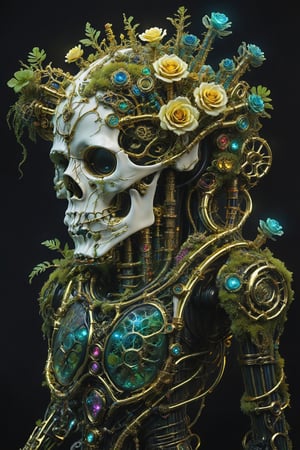 A human skeleton with neon pipes, gold gears, small roses and moss growing between its arteries and veins, covered with an intricate structure of technology and moss, with details of jewelry and precious stones, neon pipes and lights, futuristic plastic details white with multicolored iridescent lights and neon liquid, holographic effect and natural cyborg style, biotechnological, organic, natural biopunk, parametric and organic biomimetic, detailed photo, rendering, 16K, a visually impressive and immersive work of art, on a total black background artfrahm,visionary art style