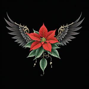 a poinsettia flower whit wing majestic with clasic ornament Mechanical lines Elegance T-shirt design, BLACK BACKGROUND