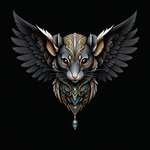 a mouse tribal whit wing majestic with clasic ornament Mechanical lines Elegance T-shirt design, BLACK BACKGROUND