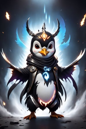chibi, full body, cyborg penguin, half body image,(Action Pose: 1.4), ((horror )), king of hell, highly detailed clothes, ((in dark hell)), large devil's wings , big body, ray tracing, with eerie white light penetrating and gradient shadows , (magic mysterious background, glowing particles, ethereal fog, faint darkness), hyper realistic cover photo awesome full color,chibi style,3d style,cyborg style