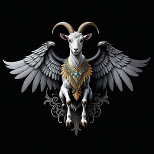 a goat tribal whit wing majestic with clasic ornament Mechanical lines Elegance T-shirt design, BLACK BACKGROUND