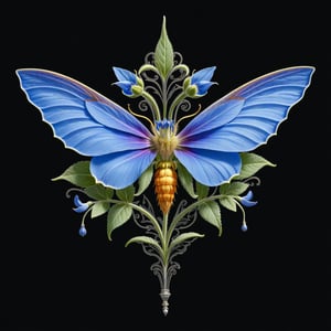 a borage flower whit wing majestic with clasic ornament Mechanical lines Elegance T-shirt design, BLACK BACKGROUND